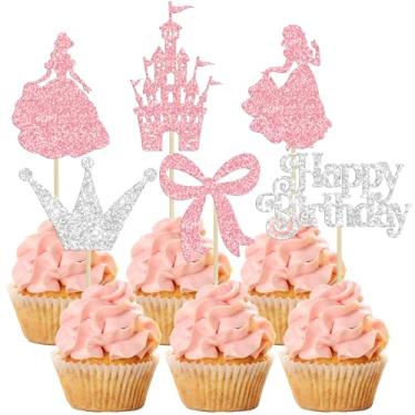 Imagem de Gyufise 24Pcs Princess Cupcake Toppers Glitter Castle Bowknot Happy Birthday Cake Topper Decorations for Princess Happy Birthday Baby Shower New Year Party Supplies Pink Silver