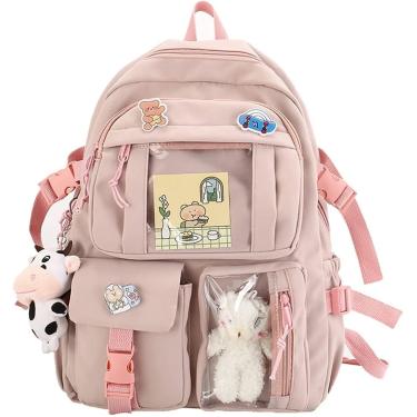Imagem de Linda mochila pastel, mochila kawaii para meninas adolescentes, bolsas de estudante estéticas com alfinete kawaii e acessórios fofos, bolsa de livro, rosa-c