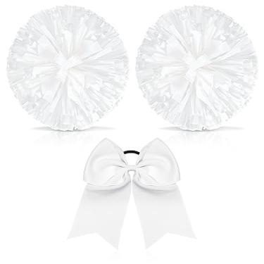 Imagem de Hanaive 3 pompons de líder de torcida e grande laço de cabelo de líder de torcida metálico suprimentos de torcida para time Spirit Sports Dance Cheering (Pom branco, fosco)