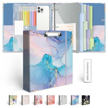 Imagem de Organizador de fichário com 3 anéis de 5 cm com prancheta, divisórias de 5 compartimentos, pasta transparente, 18 divisórias stikers, fichário decorativo BVSSX com três anéis com laço para caneta,
