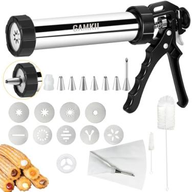 Imagem de GAMKII Churro Maker Kit de pistola de aço com 4 discos para churro vazado, 5 discos para biscoitos, 6 bocais de confeiteiro, saco de confeitar, 2 pincéis limpos para bolo, sobremesa, máquina faça você