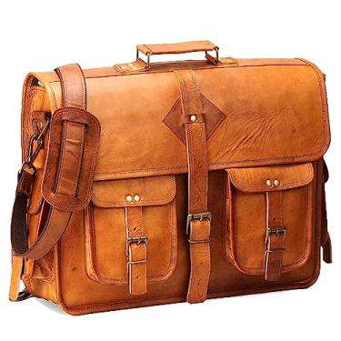 Imagem de Bolsa de couro vintage para laptop masculina de flor integral grande bolsa mensageiro para homens 45,7 cm com visual rústico pasta marrom, Bronzeado, Large, Vintage