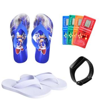 Imagem de kit Chinelo Menino Personagem Infantil Sonic Branco + Game Boy + Relóg