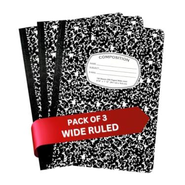 Imagem de AUKSales Caderno de composição pautado largo, pacote com 3, 24 cm x 19 cm, 100 folhas, caderno escolar de mármore preto, cadernos de composição para escola, faculdade e material de escritório