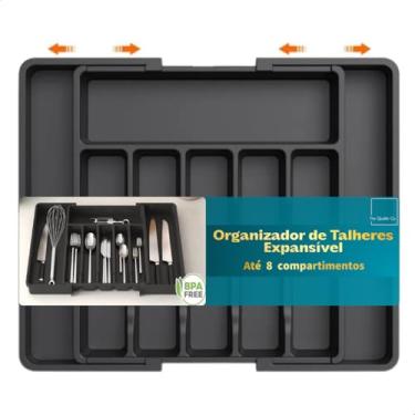 Imagem de Porta Talheres Organizador Gaveta Ajustável com 8 Divisórias Preto Bandeja Grande Divisor Versátil para Cozinha Ideal Talher Utensílios Facas Suporte Separador Plástico Resistente.