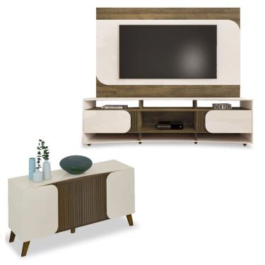 Imagem de Conjunto Sala Rack c/ Painel p/ TV até 86", Buffet Aparador 4 Portas Elegance Pinho/Off White - Artely