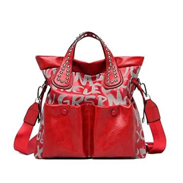 Imagem de Moda Bolsa Feminina Letra Rebite Bolsa de Ombro de Luxo de Couro de Alta Capacidade Bolsa Carteiro Preto de Grande Capacidade(Red,13 * 13 * 5inch)