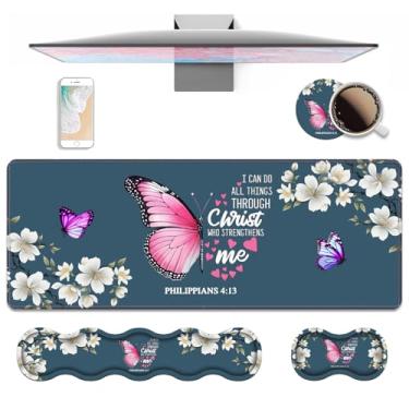 Imagem de Conjunto ergonômico de descanso de pulso e mouse pad, tapete de mesa grande 2GG para jogos 80 cm x 30 cm com base antiderrapante para jogos de estudo em casa, escritório, citação, borboleta floral,