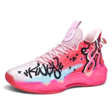 Imagem de Jefuzh Tênis de basquete feminino, com pintura colorida, casual, moderno, cano alto, cadarço, tênis de corrida para esportes ao ar livre, P rosa, 41