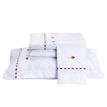 Imagem de Jogo De Lençol Queen Felicita 200 Fios Algodão Bordado 4 Peças - Branco