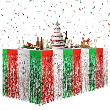 Imagem de Pacote com 2 saias de mesa onduladas de Natal, 76 x 274 cm, vermelha, prata e verde, com franja metálica para mesas retangulares e redondas, para decorações de aniversário, Natal, casamentos, artigos