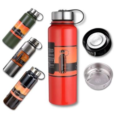 Imagem de Garrafa Térmica Grande de 1.1 litro para Água Café Chá - Aço Inox - Ideal para Academia Escola Trabalho - Bebida Gelada ou Quente - Resistente - 1.100ml (Vermelho)