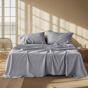 Imagem de Conjunto de lençóis Bedsure, linho, algodão, queen size, cinza claro