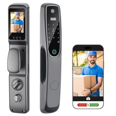 Imagem de Fechadura de porta inteligente 6 em 1, fechadura de porta de vídeo WiFi com câmera e tela interna, campainha de vídeo, impressão digital, senhas, entrada de cartão IC, chave, bateria recarregável com