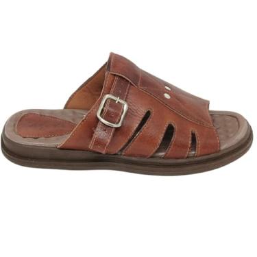 Imagem de Sandália Masculina de Couro com Palmilha Anatômica Ortopédica Confortável Anti Stress Rajoan (Café, BR, Adulto, Numérico, 39)