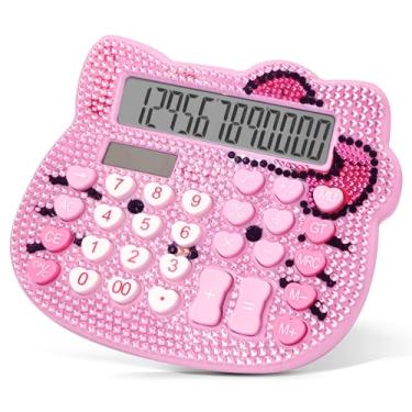 Imagem de Calculadoras fofas, calculadora de mesa feminina de 12 dígitos com visor LCD grande e botão sensível, adequada para adultos e crianças, função padrão para escritório, casa, escola (modelo rosa + joia