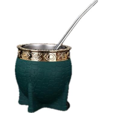 Imagem de Mate Imperial Argentino Kit Mate, Taza de te Acero inoxidável, com caneca de cuia de chá de palha, uma bomba (palha), couro artesanal embrulhado ideal para presente e viagem (verde)
