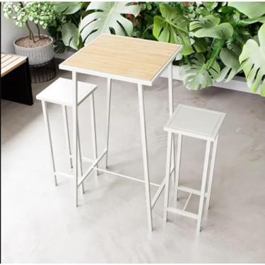 Imagem de Conjunto Mesa Alta Bar Bistrô Pinus 2 Bancos Branco Botequim Industrial White
