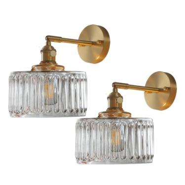 Imagem de Qufute Arandela de vidro vintage, luminária de parede de vidro listrado transparente meados do século moderno luminária de banheiro dourada luminária de parede braço oscilante para espelho quarto