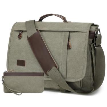 Imagem de Bolsa mensageiro de 17,3 polegadas para homens: 2 peças pasta de lona de couro PU para trabalho para laptop grande computador para viagens de escritório e faculdade (verde)