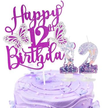 Imagem de Conjunto de velas de aniversário de borboleta para meninas, lantejoulas roxas, 12 velas e glíter, topo de bolo de feliz aniversário de 12 anos para meninas, mulheres, comemorações, artigos de festa