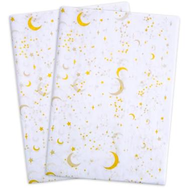 Imagem de MR FIVE 30 Folhas Grandes De Papel Seda Galaxy Dourado 20" X 28" A Granel Para Sacolas Presente, Aniversário, Natal, Dia Das Mães, Feriados (Branco Com Lua E Estrela Douradas)