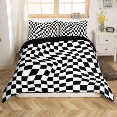 Imagem de Conjunto de capa de edredom infantil quadriculado preto e branco, tamanho Queen, xadrez geométrico, patchwork, decoração de quarto de meninos e meninas, capa de colcha moderna quadriculada simples, 2