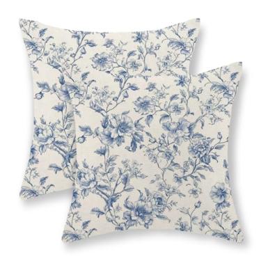 Imagem de Conjunto de 2 capas de almofada azuis 45,7 x 45,7 cm, floral, azul e creme, vintage, rústico, vaso sanitário, flores, decorativas, capas de almofada para ambientes externos chinoiserie para sofá-cama