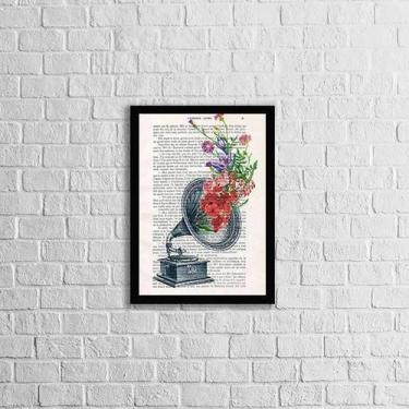 Imagem de Quadro Decorativo Gramofone Com Flores 45X34 Com Vidro Preta - Quadros