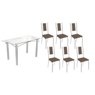 Imagem de Kit 6 Cadeiras Sala Jantar Elba c/ Tampo de Vidro 150cm e 6 Cadeiras Lisboa Cromada - Courano Marrom - Kappesberg