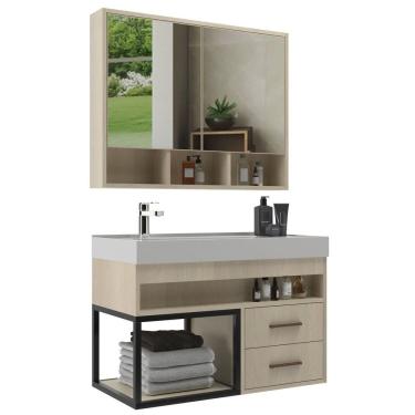 Imagem de Conjunto Balcão para Banheiro com Espelheira Avant 80 Carvalho/Carvalho