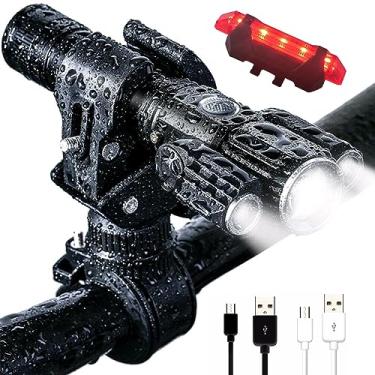 Imagem de DE HILEEFE Conjunto de luz de bicicleta recarregável USB brilhante de 5000 lúmens, farol e traseira de bicicleta, 4 modos de luz, luzes de bicicleta à prova d'água para andar à noite, fácil de instalar para ciclismo de montanha na estrada