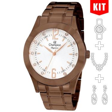 Imagem de Relógio Champion Kit Feminino Marrom Analógico Cn20800o