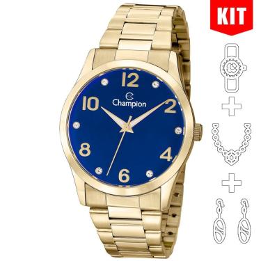 Imagem de Relógio Champion Kit Feminino Dourado Azul Cn29052k