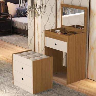 Imagem de Penteadeira Olivia 3 Gavetas Banqueta Embutida Com Rodizios Nature/off White Nature/off White