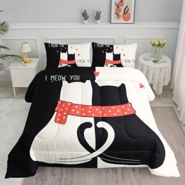 Imagem de Smell Sunshine Conjunto de edredom de desenho animado de gato, preto e branco, com 1 edredom e 2 fronhas para quarto de meninos e meninas, todas as estações (gato 3 casal)
