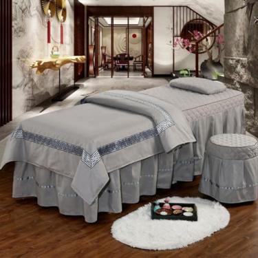 Imagem de Conjuntos de lençóis de mesa de massagem, spa beleza, 4 peças, microfibra massagem, saia de cama macia, cor sólida, conjunto de cama de salão de beleza, roupa de cama com orifício, colcha, fronha