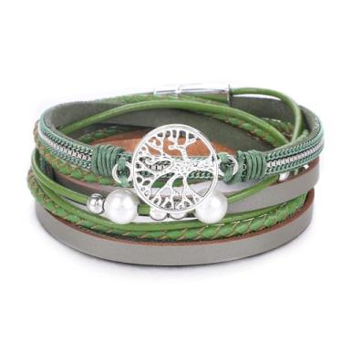 Imagem de KSQS Pulseira de couro com várias camadas Tree Of Life, pulseira de fivela larga boho, pulseiras trançadas para mulheres (azul claro longo), One Size, Couro, couro