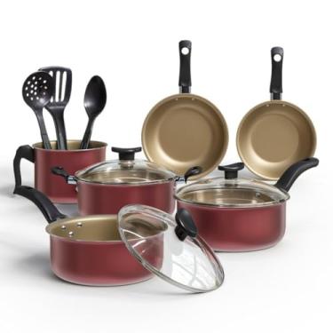 Imagem de Jogo Panela Conjunto Kit 9 Peca Antiaderente Tampa Vidro Teflon Cozinha Vermelha Resistente