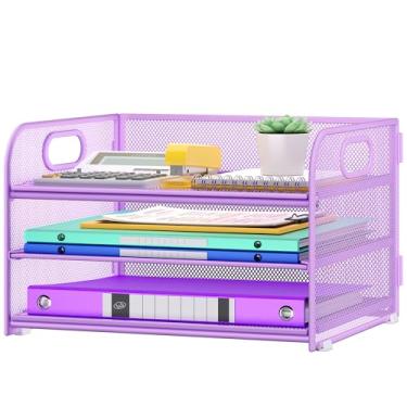 Imagem de Cawukege Organizador de papel de 3 camadas com alça, organizador de mesa de metal, bandeja de papel de malha, pasta de arquivos, classificador de documentos para sala de aula, escola, acessórios de