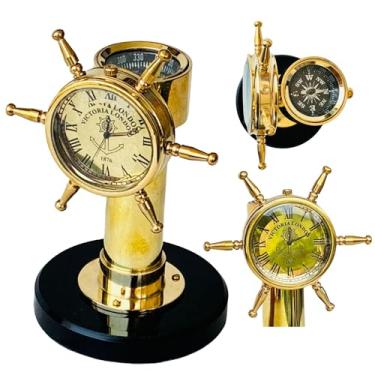 Imagem de Relógio de bússola decorativo para roda de navio - Presente de decoração de mesa de latão feito à mão