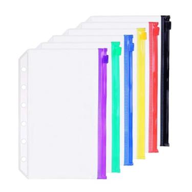 Imagem de Pacote com 6 fichários A7 6 furos 6 cores bolsos com zíper pastas de plástico com zíper à prova d'água 6 furos, sacos de folhas soltas, envelope com zíper para documentos, cadernos e cartões (bolso