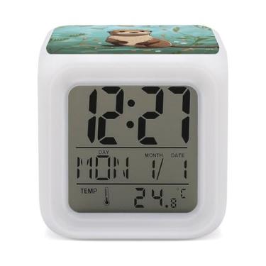 Imagem de RTFGHJS Despertador de desenho animado bonito lontra despertador colorido pequeno visor LED despertador digital relógio compacto relógio eletrônico para quartos cabeceira mesa prateleira tamanho único