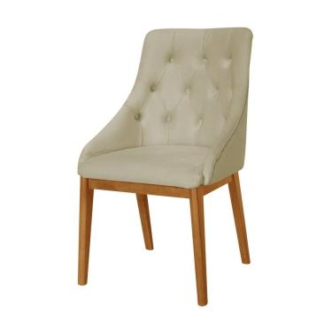 Imagem de Cadeira De Jantar Luxo Estofada Elisa Anatômica Veludo Bege Capitonê Base Madeira Maciça 