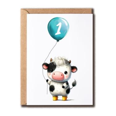 Imagem de APVGifts Cartão de aniversário de vaca leiteira - cartão de 1º aniversário - vaca leiteira com balão - amante de animais - presente para crianças - bebê - crianças