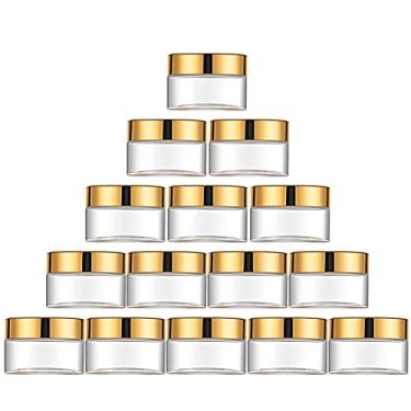 Imagem de 16 peças de recipiente de plástico redondo transparente à prova de vazamento com tampa, frasco de plástico para geleca vazio, recipiente de armazenamento recarregável para guardar lembrancinhas de viagem, cosméticos, cremes, Dourado, 30 ml/ 1 Ounce