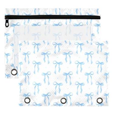Imagem de 3 anéis para fichário de laço de fita azul para meninos meninas escola escritório faculdade suprimentos gravata borboleta padrão rabiscos bolsas de lápis branco bolsa bolsa com janela transparente e