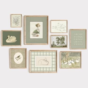 Imagem de Decoração de parede de berçário vintage impressões de quarto de bebê verde sálvia decoração de parede de berçário imagens de pato ganso pôster infantil arte de coelho pintura de menina para quarto de