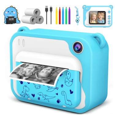 Imagem de Câmera infantil com impressão instantânea, sem tinta, para crianças de 3 a 12 anos com impressão de dinossauro, presente de aniversário de Natal para meninos e meninas de 3 a 12 anos (azul)