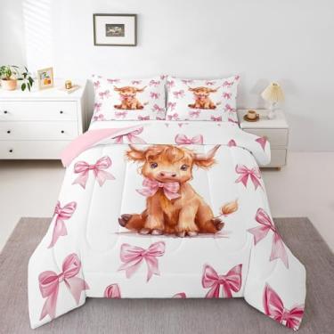 Imagem de Erosebridal Jogo de cama de vaca Highland com desenho fofo de animal de princesa rosa, com laço, tamanho casal, para crianças, meninas, adolescentes, mulheres, edredom com laço kawaii